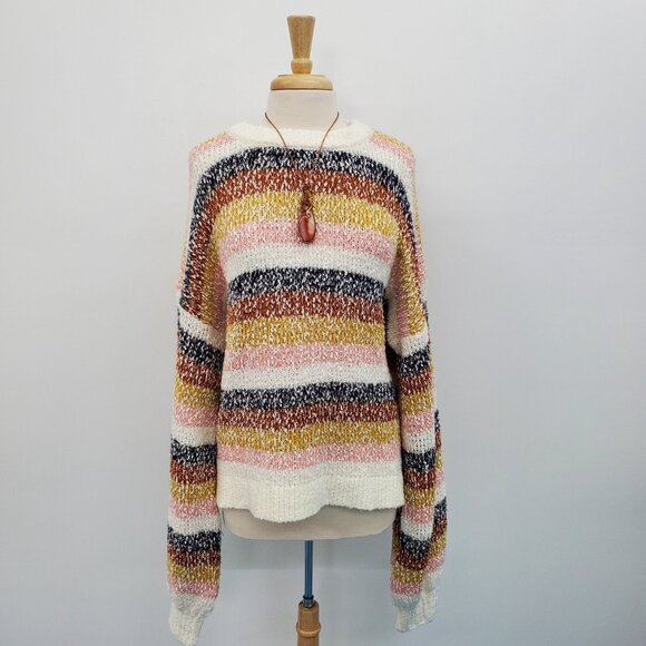 Womens XL Striped Knit Sweater Multicolor Pullover Long Sleeve Oversized Cozy - Picture 2 of 16